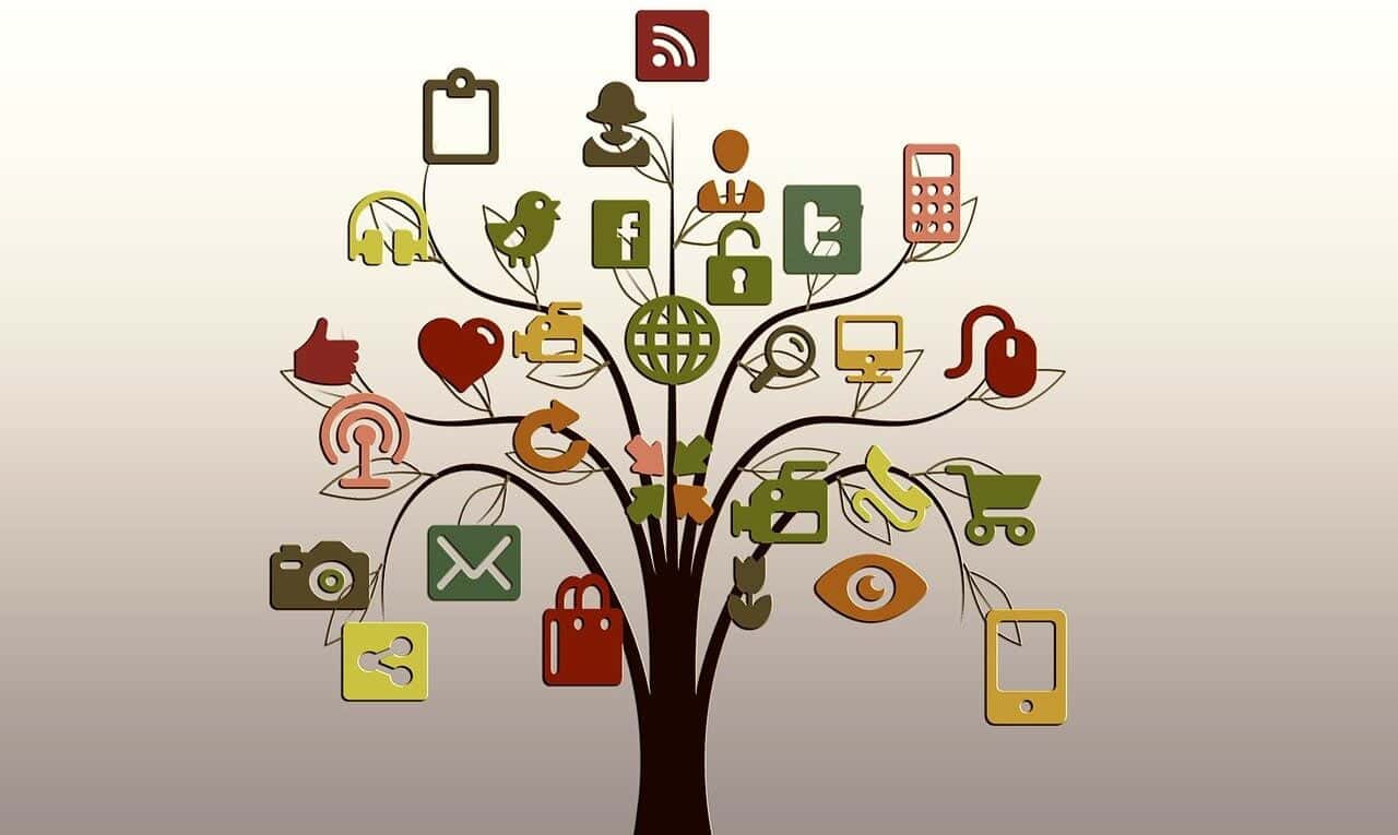 drzewo przedstawiające internetowe przyciski, znaczki, loga