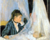 obraz malowany, przedstawia kobietę siedzącą przy kołysce z niemowlęiem