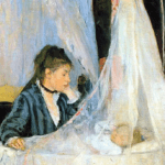 obraz malowany, przedstawia kobietę siedzącą przy kołysce z niemowlęiem