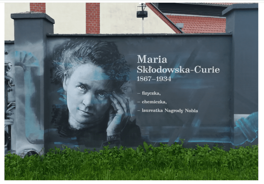 Maria Skłodowska-Curie, mural na Pomorzu, ilustracja do: Opowieści... wiosna, część 4