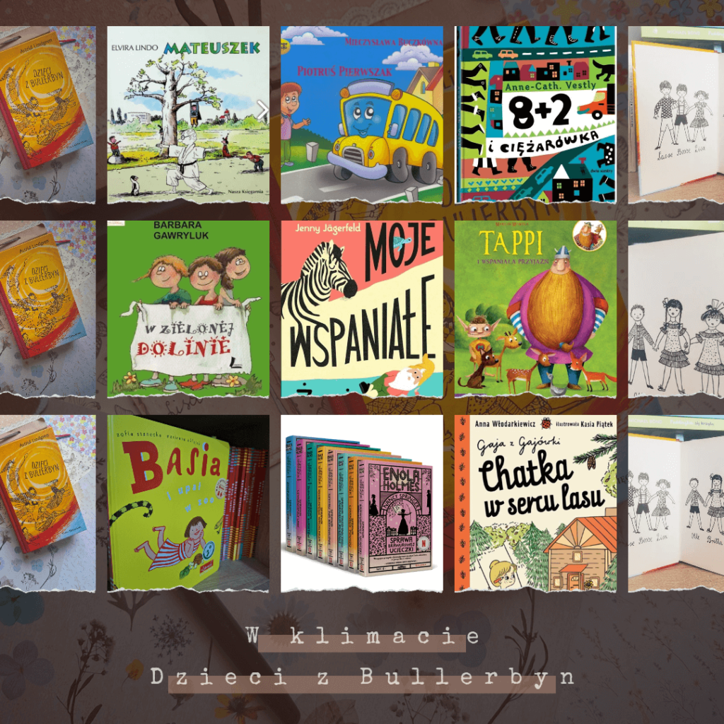 wszystkie książki zebrane na jednym kolażu, książki inspirowane poszukiwaniem klimatu z Dzieci z Bullerbyn